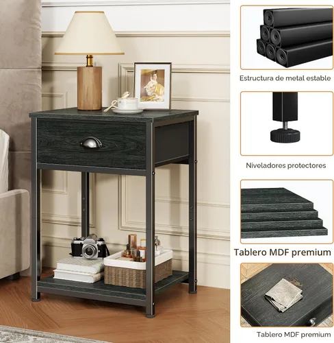 Miniatura 6 de Furologee Mesita de noche con cajón de tela y estante de almacenamiento, mesa auxiliar pequeña para espacios pequeños, mesa auxiliar industrial de 2