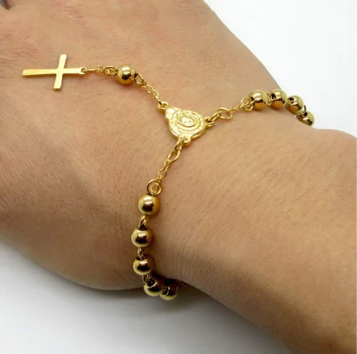 Miniatura 5 de Blowin Rosario de acero inoxidable pulsera de cruz de oración católica ajustable, oro