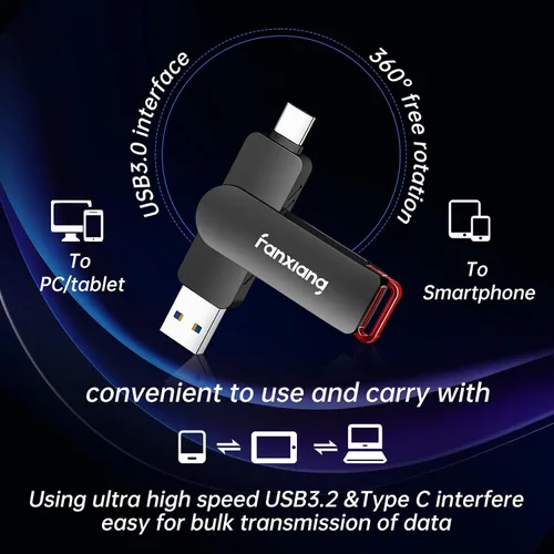 Miniatura 4 de fanxiang Unidad flash SSD externa de 256 GB, unidad de estado sólido portátil USB-C y USB-A de hasta 560 MB/s, unidad flash USB de aleación de zinc