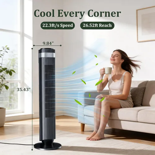 Miniatura 2 de Ventilador de torre para dormitorio, ventilador oscilante silencioso de 28 dB sin aspas con control remoto, 5 velocidades y 4 modos, temporizador