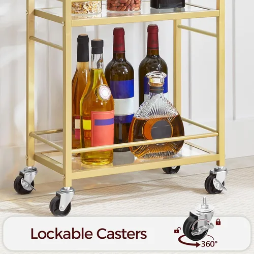 Miniatura 4 de MAHANCRIS Carrito de bar para el hogar, carrito de bebidas de 3 niveles con ruedas, carrito de servicio de bar en casa, carrito de mini bar