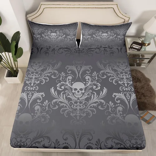 Miniatura 23 de Sábanas de cama góticas de damasco para adultos, sábana bajera ajustable victoriana antigua, sábanas góticas florales vintage, juego de ropa de cama