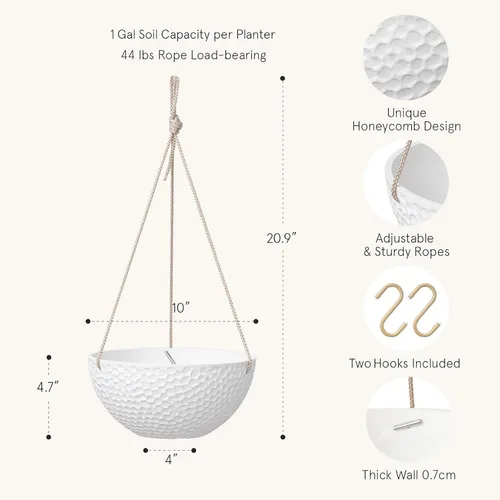 Miniatura 2 de LA JOLIE MUSE Macetas colgantes de 10 pulgadas para plantas de interior, macetas de jardín al aire libre, color blanco, panal de abeja, juego de 2