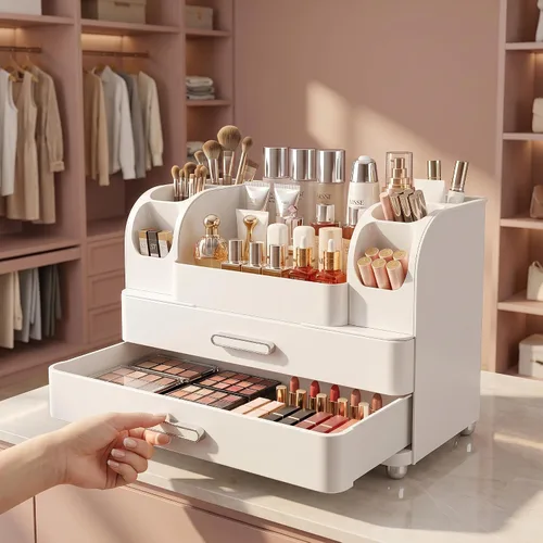 Miniatura 4 de Organizador de maquillaje con 2 cajones, vitrina de cosméticos, soporte de almacenamiento para tocador, mostrador de baño, escritorio, suministros