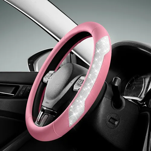 Miniatura 15 de PIC AUTO Funda para volante, purpurina de cristal brillante con cuero negro, ajuste universal de 14.5 a 15.5 pulgadas para volantes de automóvil