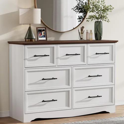 Miniatura 22 de Mesita de noche con estación de carga, Mesa auxiliar estilo granja de 19.7" con almacenamiento de 3 cajones, Mesa lateral de cama de madera