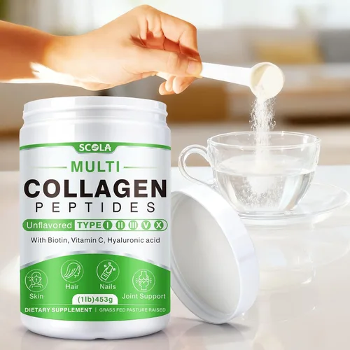 Miniatura 4 de SCOLA Péptidos de colágeno en polvo - Tipo I, II, III, V, X - Péptidos de colágeno hidrolizados con vitamina C ácido hialurónico, apoya la piel