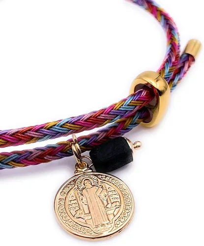 Miniatura 2 de Pulsera chapada en oro de 18 quilates de San Benito con dije de piedra auténtica de azabache Adjustable Cuerda Chapado en oro