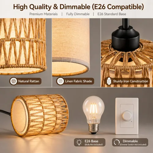 Miniatura 5 de Lámpara Colgante Boho Lámpara Colgante - Pantalla 2 en 1 de Ratán y Lino, Luminaria de Luces Colgantes Ajustables para Isla de Cocina, Comedor, Casa