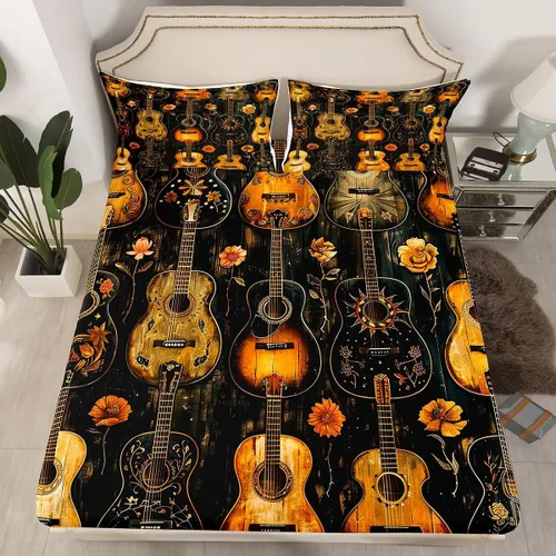 Miniatura 7 de Erosebridal Sábanas de guitarra tamaño individual para niños y niñas, sábanas de teclados de piano, sábanas bajeras con temática musical