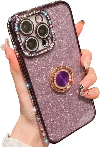 Miniatura 13 de Bonita funda compatible con iPhone 13 Pro de 6.1 pulgadas, diamantes brillantes + fundas de tarjetas con purpurina con soporte de corazón de amor