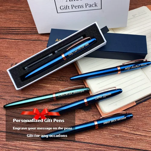 Miniatura 2 de Ancolo Pluma estilográfica personalizada con cuerpo de metal con caja para bolígrafos, 2 cartuchos de tinta negra personalizados con tu mensaje