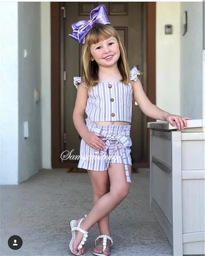 Miniatura 2 de Niño Niños Bebé Niña Rayas Volantes Sin Mangas Chaleco Top Bowknow Pantalones Cortos Conjunto Ropa de Verano