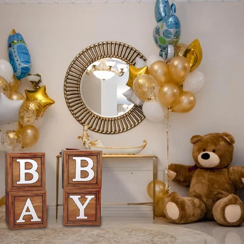 Miniatura 5 de BabyWood Cajas de grano marrón – Juego de regalo para bebé de 4 piezas con letras, tema de oso de peluche, decoración de fiesta de revelación