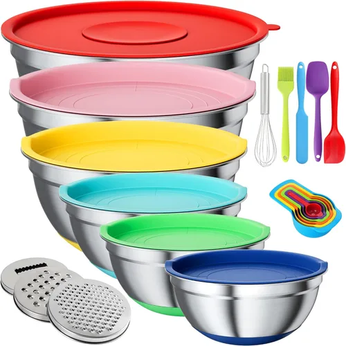 Miniatura 9 de Juego de tazones para mezclar con tapas herméticas, juego de 20 utensilios de cocina, 6 cuencos de acero inoxidable, 3 accesorios para rallar, parte