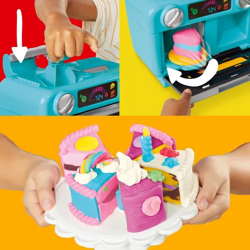 Miniatura 9 de Play-Doh Super Slice Cake Playset, horno de juguete con accesorios de cocina y 11 latas compuestas de modelado, artes y manualidades para niños, a