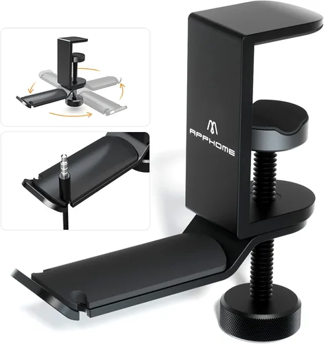 Soporte de auriculares para debajo del escritorio, soporte de auriculares de aluminio giratorio de 360 grados para juegos de PC con organizador de