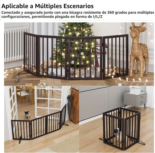 Miniatura 3 de Puerta de madera para perros plegable independiente de 4 paneles para mascotas, puertas extra anchas para perros para puertas interiores, escaleras