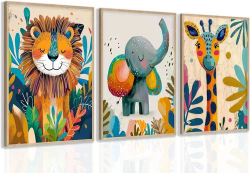 Miniatura 11 de 3 piezas de lienzo de animales de safari para guardería, arte de pared, lindo elefante acuarela, jirafa, león, decoración de pared, coloridos Póster