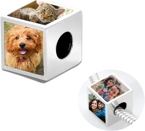 LONAGO Abalorio personalizado de cuatro lados y tres caras con foto de dos caras de plata de ley 925, cuenta personalizada con capacidad para 234