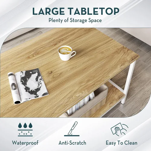 Miniatura 6 de SAYGOER Mesa de centro con almacenamiento de 2 niveles, mesa central industrial para sala de estar, mesa de madera rectangular para espacios Beige
