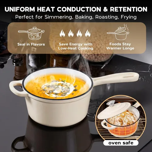 Miniatura 5 de Onader Sartén de hierro fundido esmaltado, cacerola pequeña de 1 cuarto de galón con tapa, olla de hierro fundido, horno holandés esmaltado, Blanco