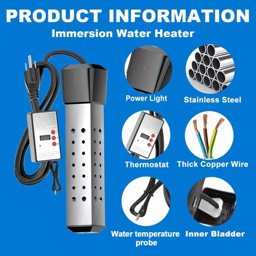 Miniatura 4 de Calentador de agua de inmersión con control de temperatura, termostato de 2000 W, calentador de agua sumergible con protector de acero inoxidable