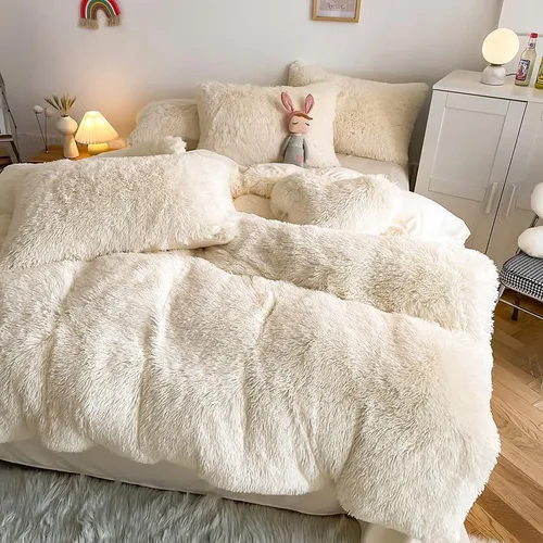 Miniatura 2 de chovy Juego de edredón de felpa de pelo sintético blanco lechoso tamaño King, ultra suave, lanudo terciopelo de franela esponjoso, juego de ropa