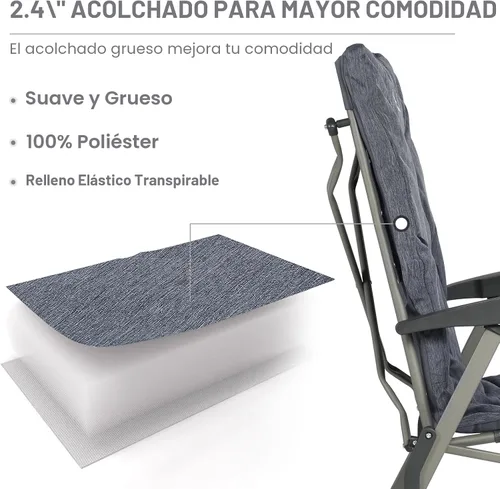 Miniatura 7 de EVER ADVANCED Silla reclinable plegable para acampar totalmente acolchada con soporte ajustable de respaldo alto, portátil para adultos, silla Gris