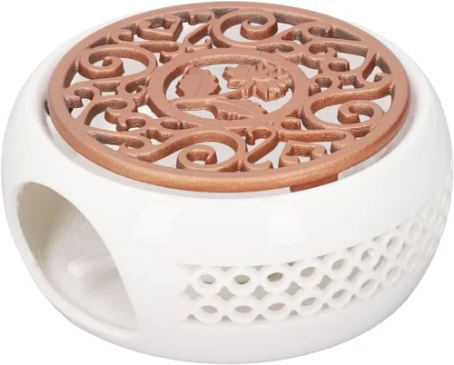 Calentador de tetera de cerámica, calentador de velas de té, base de calentador de estufa de tetera redonda blanca con cuchara y alfombrilla de