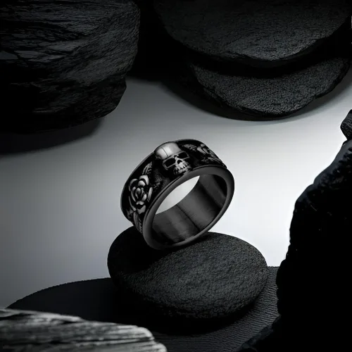 Miniatura 2 de Anillos de calavera gótica vintage para hombres y mujeres, acero inoxidable, ónix negro, anillo de póquer, anillo de esqueleto plateado