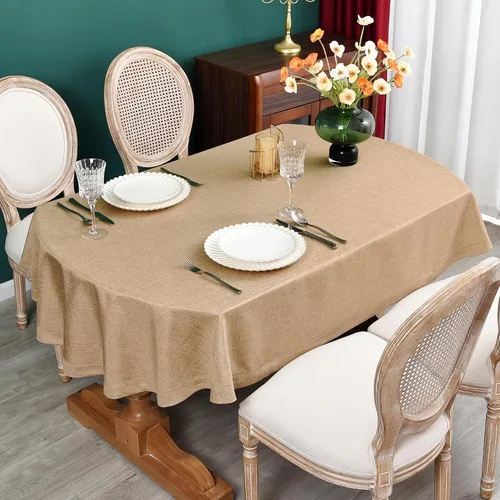 Miniatura 2 de NEWISHER - Mantel rústico con borde de punto de lino falso, ovalado, estilo granja, neutro, de lino, para comedor, cocina, fiesta, hogar, 60 x 84