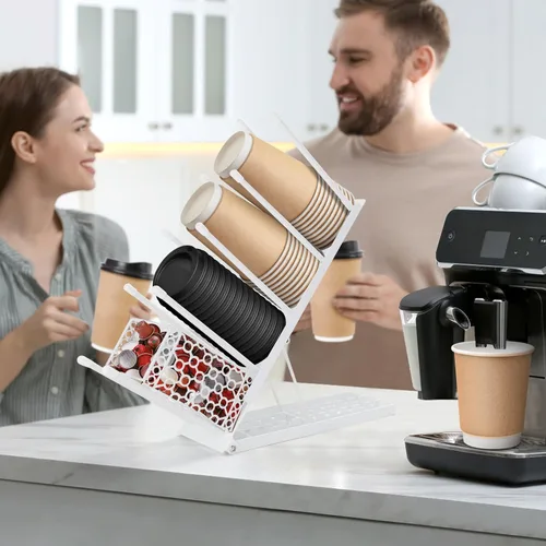Miniatura 7 de ShineMe Soporte para taza de café para encimera, dispensador de tazas de metal ajustable y tapa con organizador de pajita, organizador de 4