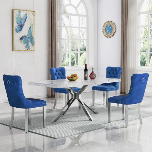 Miniatura 18 de HomVent Juego de mesa de comedor rectangular para 4, juego de mesa de cocina rectangular, juego de mesa de comedor de mármol sintético, juego