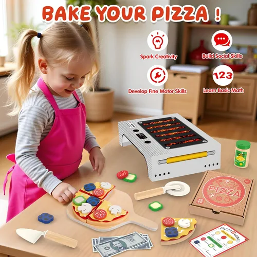 Miniatura 2 de WOODMAM Montessori - Juego de juguetes de pizza, comida realista con caja de horno, juguetes educativos de aprendizaje para niños en edad preescolar