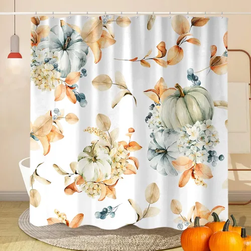 Sanzugh Cortina de ducha de calabaza otoñal, lindas cortinas de ducha de tela floral naranja con ganchos de 72 x 72 pulgadas, decoración de baño de