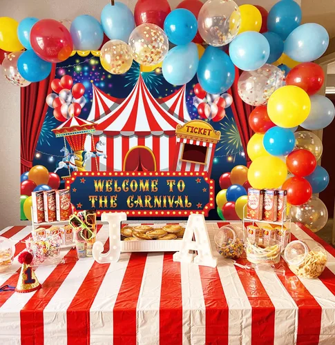 Miniatura 3 de Telón de fondo de circo de carnaval de 7 x 5 pies, carpa de circo, telón de fondo para fiesta, carrusel, taquilla, fondo para niños, niños, bebés