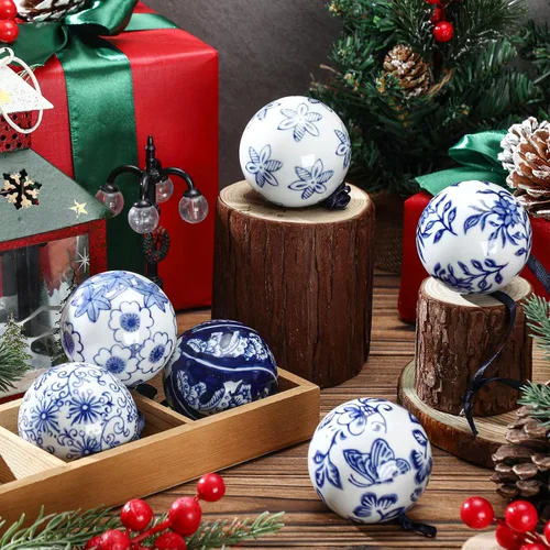 Miniatura 7 de Cindeer 6 bolas de porcelana china azul y blanca de 2.4 pulgadas, adorno de porcelana a granel de cerámica para Año Nuevo, decoración para fiesta
