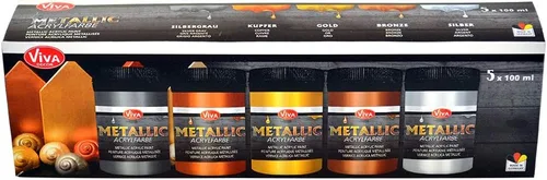 Miniatura 2 de Viva Decor Juego de pinturas acrílicas metálicas, plateado, gris plateado, dorado, bronce, cobre (5 x 3.4 fl oz), efecto metálico glamoroso, también