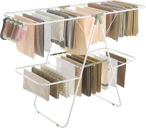 Miniatura 18 de SONGMICS ULLR053W01V1 - Tendedero plegable de dos niveles para ropa, estante de secado de ropa para lavandería, secador de ropa independiente