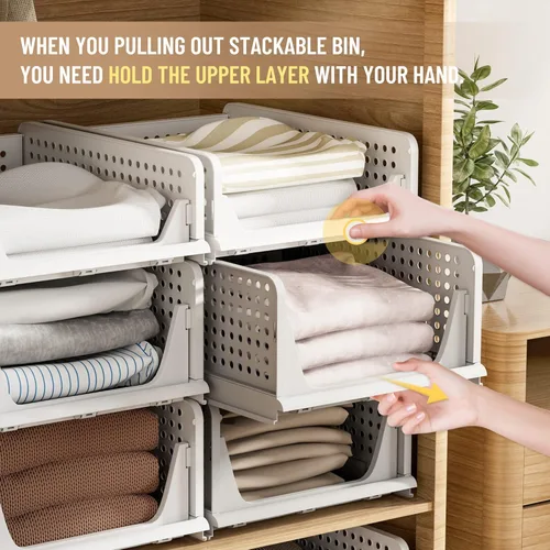 Miniatura 9 de Pinkpum Paquete de 6 organizadores de armario, cesta apilable de plástico para ropa, contenedores de almacenamiento apilables para estantes, Blanco