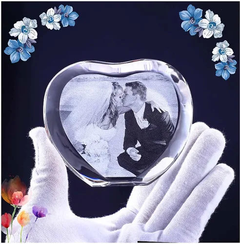Miniatura 4 de personalizado personalizado grabado láser 3D, marco de fotos personalizado en forma de corazón con cristal grabado láser, boda, inauguración