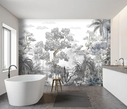 Miniatura 3 de Papel tapiz de tela de bosque tropical con estampado botánico gris, bosque de selva tropical, sala de estar, planta de hoja de palmera, dormitorio