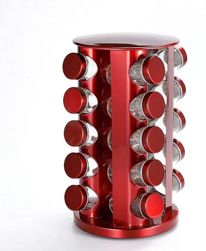 Miniatura 9 de Estante de especias giratorio con 16/20 tarros de vidrio, organizador de condimentos de encimera de acero inoxidable, elegante solución de Rojo