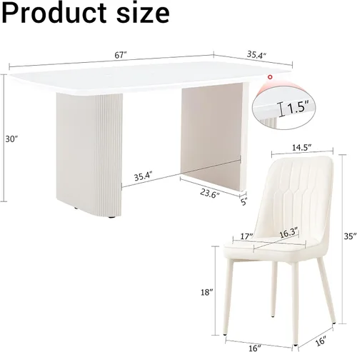 Miniatura 3 de Juego de mesa de comedor blanca para 4, juego de mesa de comedor de mármol de 67 pulgadas con mesa ovalada blanca crema de 3.5 pulgadas de grosor