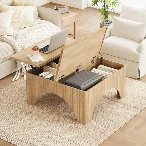 Miniatura 13 de Mesa auxiliar ovalada de 43.3 pulgadas, mesa de centro acanalada con compartimento de almacenamiento oculto, mesa de comedor moderna de mediados