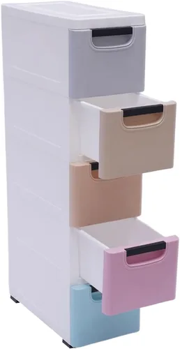 Torre de almacenamiento estrecha de 5 cajones con ruedas, organizador de ropa y juguetes, colores mezclados claros