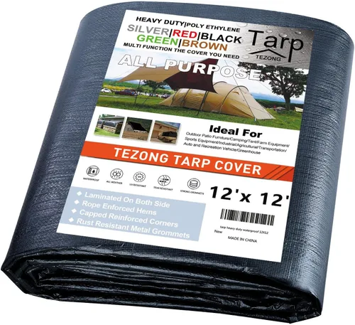 Miniatura 42 de Lonas resistentes impermeables de 4 x 5 pies, paquete de 2 lonas TEZONG negras de 0.472 in. de lona de plástico para exteriores para lluvia
