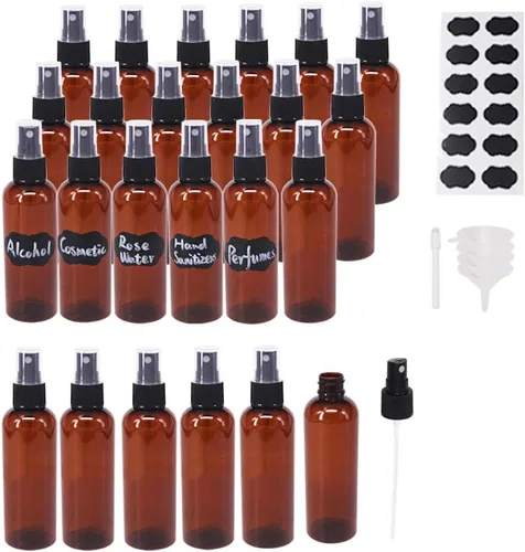 Miniatura 10 de Paquete de 12 botellas de spray de niebla fina de 3.3 onzas, botellas de plástico ámbar para aceites esenciales, perfumes, alcohol, botella