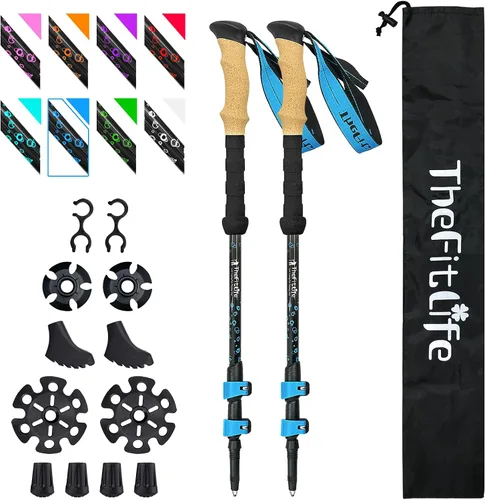 Bastones de senderismo de fibra de carbono TheFitLife – Bastón de senderismo plegable y telescópico con mango de corcho natural y empuñaduras EVA